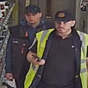 Police are looking to speak to two men after £1,300 of items were stolen from Travis Perkins