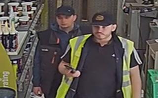 Police are looking to speak to two men after £1,300 of items were stolen from Travis Perkins