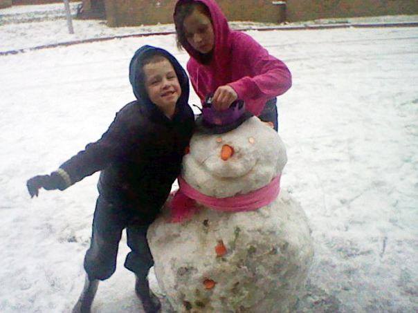 joshua-james (6) and lillie stewart (13) made this happy snowman in New Milton
