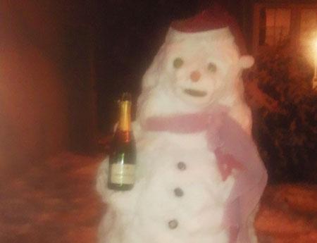 Hamble snowman with bottle of Bollinger by Annie and Karen