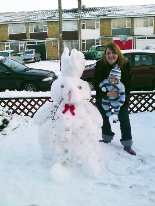 This is Laura and Sam Clarke with their Snow Bunny in their garden in Hedge End