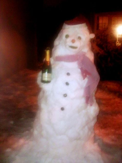Our Hamble Snowman with a bottle of Bollinger by Annie and Karen
