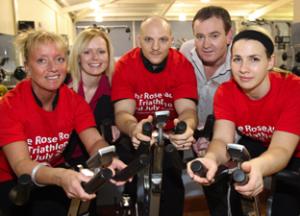 Pictured, from left, are: Maria Sirl and Naomi Lush from Rose Road, Oliver Green and David Little, the David Lloyd manager, and Sam Chick. Echo picture by Joanna Mann. Order no: 10042727