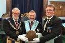 Mike Wilks (L), Grand Master of Hampshire and IOW Freemasons, David Lallana, master of Southampton football lodge and Tony Robinson of London Irish Rifles Lodge (R)