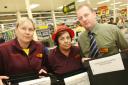 Sainsbury’s staff Dot Chapman, Eve Argent and Matt Cross are pictured with their collection buckets.
