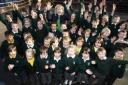 CELEBRATING: Head teacher Amanda Jones with Stanmore Primary pupils. Echo picture by Chris Moorhouse. order no: 11884915