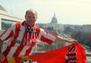 Graham flies the flag in the USA with Capitol Hill in the background. Left – his route from America to Wembley.