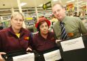 Sainsbury’s staff Dot Chapman, Eve Argent and Matt Cross are pictured with their collection buckets.
