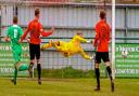 Sholing keeper Ryan Gosney makes a flying save from Dan Munday (photo: Ray Routledge)