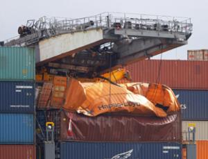 The boom of the Southampton crane collapsed onto the container ship with the driver inside.