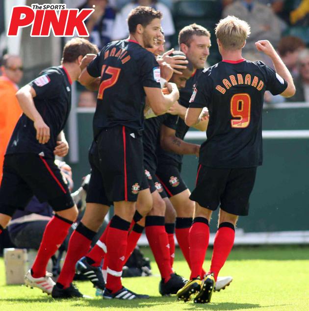 Saints celebrate Jose Fonte's goal during the Bristol Rovers v Southampton match at the Memorial Stadium, August 28, 2010