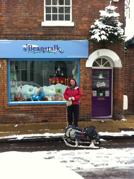 Chloe Roberts of The Beanstalk on St Thomas St, Winchester relieved to have made it to work having dragged 4 cases of mulled wine by sledge from Badger Farm so that the shop's 2nd birthday celebrations go with a bang. From Echo reader Keith Wilson.