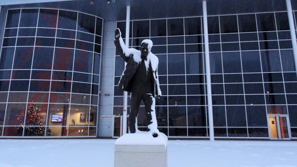 Snow covers Ted Bates statue by Rob Gage.