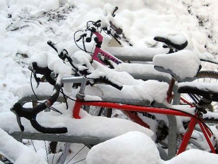 A pic of bicycles in the snow in Southampton.
 