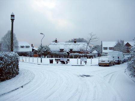 Thatched cottages at Bassett Green Village in the snow. By Echo reader Janet Strother.