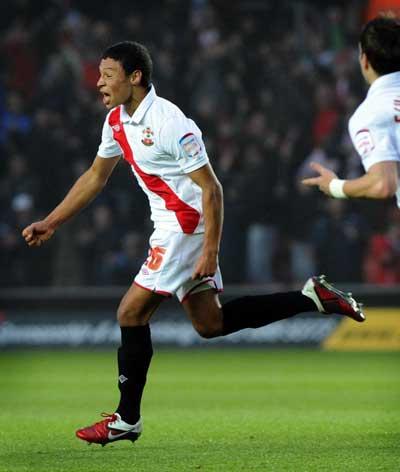 Alex Oxlade-Chamberlain celebrates scoring Saints second goal. A selection of images from the Southampton versus Huddersfield Town League One match on December 28, 2010 at St. Mary's Stadium