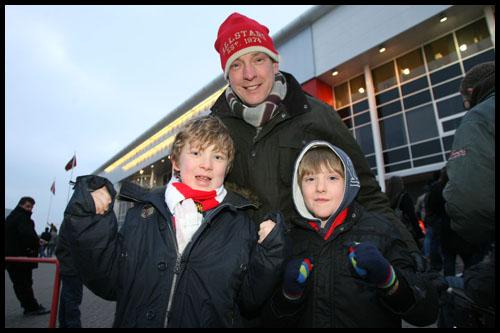 Cormack Oliver with Matt Southcott and his son Tom as they get ready to watch the FA Cup tie between Saints and Man United at St. Mary's.