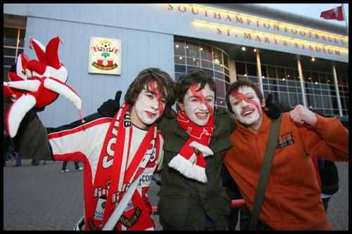 Nathan Powrie, Tom Davis and Josh Knowles don their war paint before the FA Cup tie between Saints and Man United at St. Mary's.