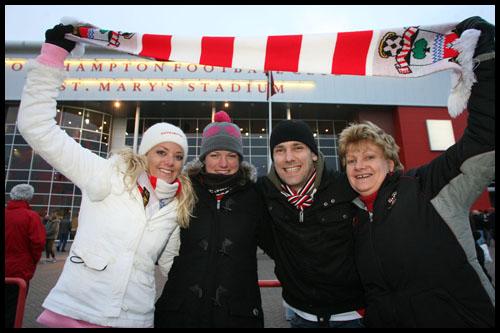 Suzanne Wood, Clare Mcmurray, Pete Wood and Anne Wood get behind the Saints at the FA Cup tie against Man United at St. Mary's.
