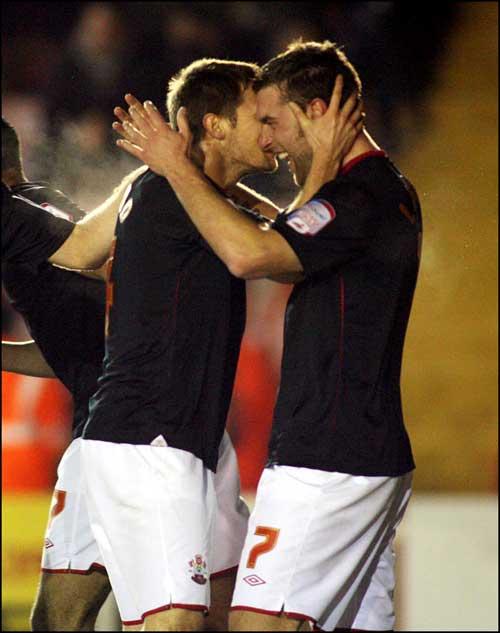 Rickie Lambert celebrates his winner with Dean Hammond. A selection of images from Exeter v Saints game at St James's Park.