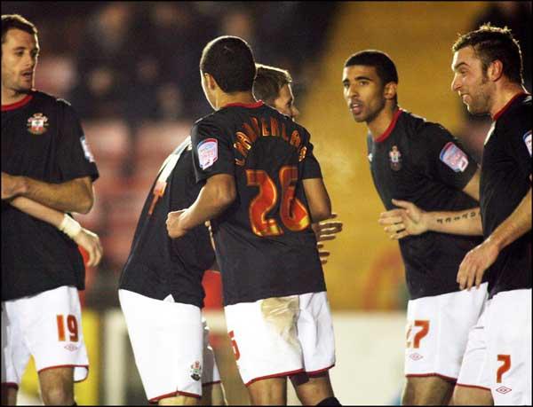 Saints celebrate the winning goal. A selection of images from Exeter v Saints game at St James's Park.