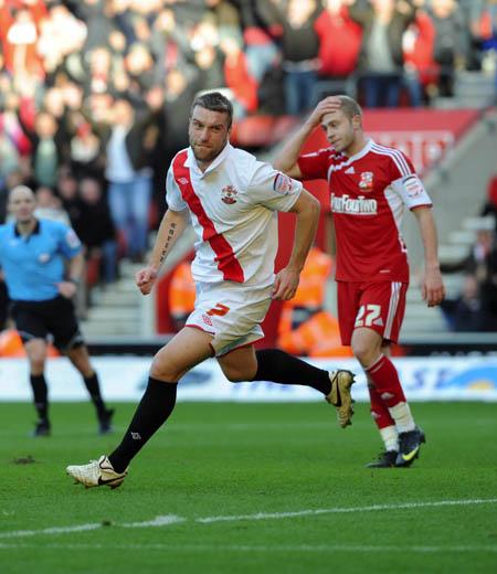 Rickie Lambert scores Saints second goal.Photos from the League One match between Southampton and Swindon at St. Mary's on Saturday,. February 26, 2011.