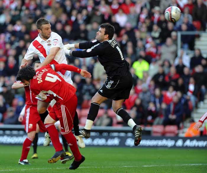 Rickie Lambert heads Saints second goal.Photos from the League One match between Southampton and Swindon at St. Mary's on Saturday,. February 26, 2011.
