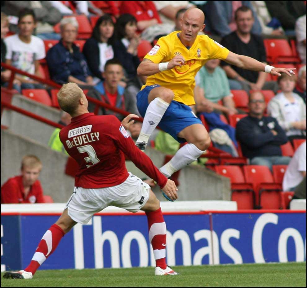 Photographs from Oakwell as Saints take on Barnsley in the Championship on August 13, 2011. Richard Chaplow goes in high and is sent off.