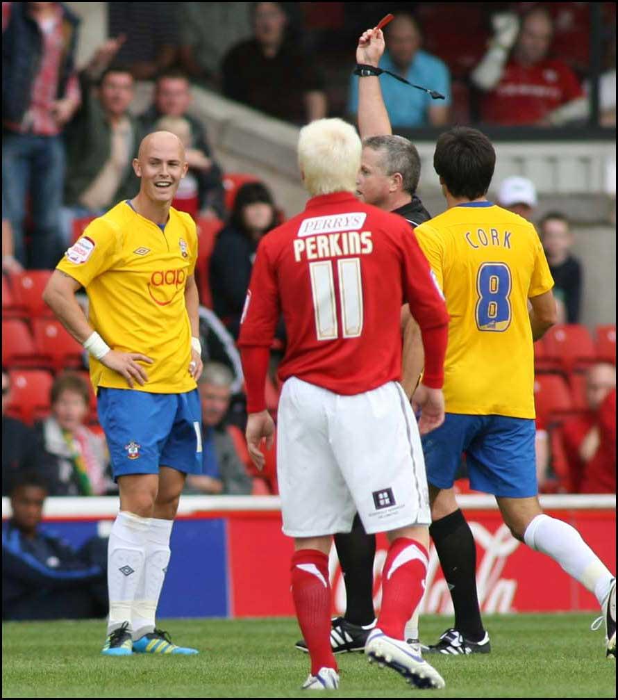 Photographs from Oakwell as Saints take on Barnsley in the Championship on August 13, 2011. Richard Chaplow is sent off.