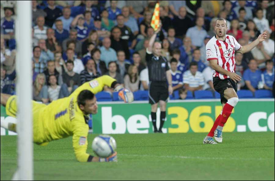 Steve De Ridder hits the post but is ruled offside. Images from Saints 2-1 defeat in at Cardiff City on Wednesday 28th September 2011