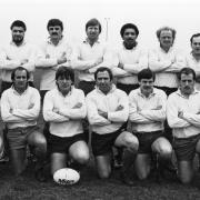 We now believe this is Southampton RFC's 83/4 Hampshire Cup final team G Materna, M Stacey, A Gouge, P Hayward, R Swain, B Elliott, G Olden, P Thompson, N Brown, D Rose, W Davis, G Martin, H Tear, R O'Donnell, K Everett, D Griffiths, S O'Donnell, T Lees.