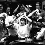 England fans watch the Italia 90 game against West Germany in the Royal Oak pub, Portswood. 4th July 1990. THE SOUTHERN DAILY ECHO ARCHIVES. HAMPSHIRE HERITAGE SUPPLEMENT. Ref: 000590.