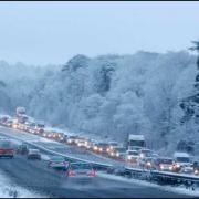 Traffic queues coming off the M27 this morning as snow covered Hampshire.