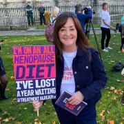 Jane James at a menopause rally outside Parliament.