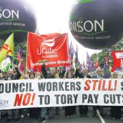 Union members protesting as they march towards Guildhall Square, Southampton yesterday