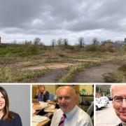 Former Romsey Brewery site. Below from left: Caroline Nokes, Cllr Nick Adams-King, John Critchley