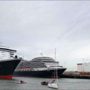The three Cunard Queens assemble this morning before the Jubilee celebrations.