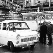 The first Ford Transit rolling off the production line in Southampton.