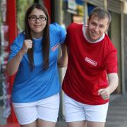 Hollywood Just For Fun's Laura Zamburlini and Daily Echo reporter Michael Carr dress up as Uruguay and England Subbuteo figures respectively