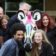 Daily Echo editor Ian Murray, left, and staff meet Gilbert the Zebra