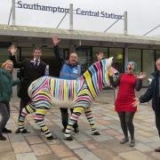 Richard Kempton from South West Trains, Mark Miller, Veronika Moore and Nick Farthing from Three Rivers and East Hampshire Community Rail Partnerships with Kirstie Mathieson, project panager for Marwell’s Zany Zebras