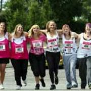 UNITED: Friends and family of Jackie Matthews running in Race for Life.  From left, Zoe Bradbury, Jade Bradbury, Chris Ainsworth. Lesley Hamer, Carly Matthews and Lara Burnett. Echo picture above by Paul Collins. Order no: 6935418