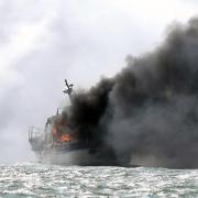 Boat fire this afternoon on the Solent which resulted in the motorboat sinking...Shots taken near Hamble, Hampshire...Â© Simon Czapp/Solent News & Photo Agency.UK +44 (0) 2380 458800..