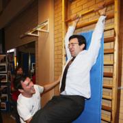 HANGING OUT: Andy Burnham tries some exercises with diver Blake Aldridge at The Quays in Southampton.  Echo picture by Paul C