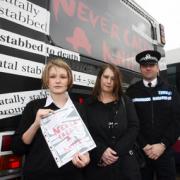 KNIFE CRIME LAUNCH: Lily Golden, who designed the poster, Jeanette Singleton (mother of Lewis Singleton) and Chief Inspector Andy Bottomley.