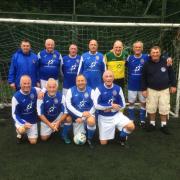 Eastleigh Walking Football Club.  Back row (left to right):  Les Gatrell, Dave Blake, John Dymott, Paul Fruin, Ian Ritchie, James Trant, Martin Curtis (manager); front row: Dave Wallis, Micky Pink, Alan Powell, Martin Gallop.