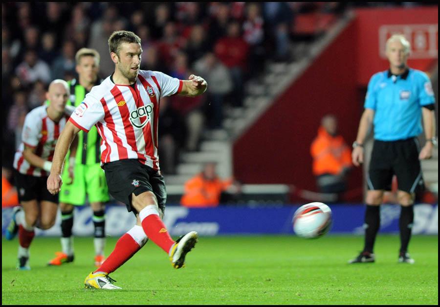 Saints v Brighton and Hove Albion, Rickie Lambert completes his hat-trick.