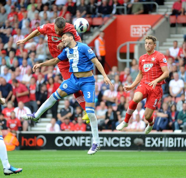 Picture from the Barclay's Premier League clash between Saints and Wigan at St Mary's Stadium. The unauthorised downloading, editing, copying, or distribution of this image is strictly prohibited.