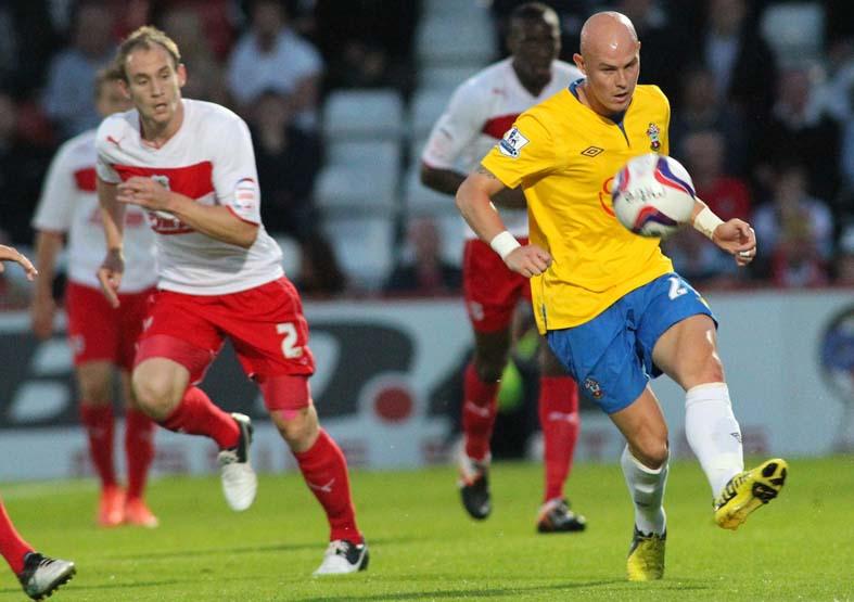 Picture from the Stevenage v Saints game of the Capital One Cup. The unauthorised downloading, editing, copying or distribution of this image is strictly prohibited.