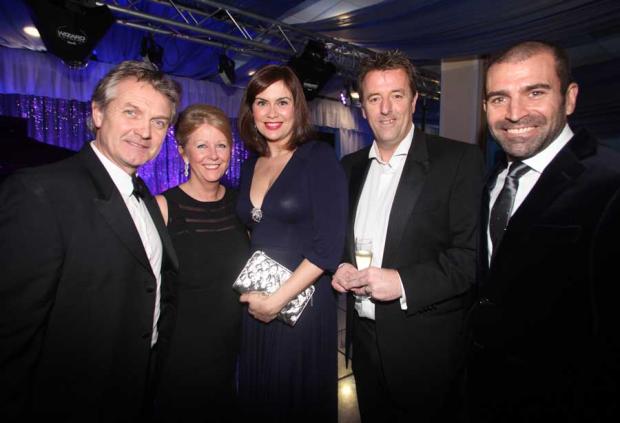 Actor Steven Pinder, Tina Wellman-Hawke, Amanda Lamb, Matt Le Tissier and Francis Benali at the Dave Wellman Cancer Trust gala ball
